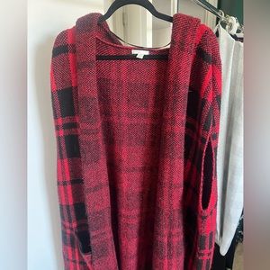 Red and black checkered cardigan vest with hood